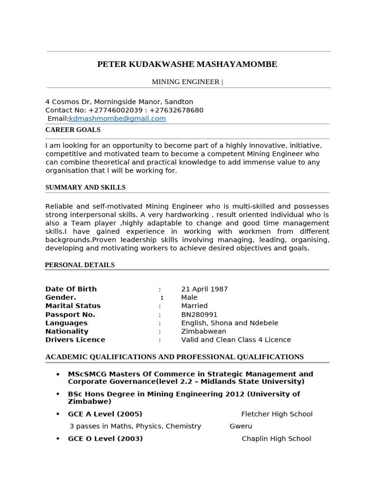 Mining Engineer CV and Experience Summary | PDF | Mining