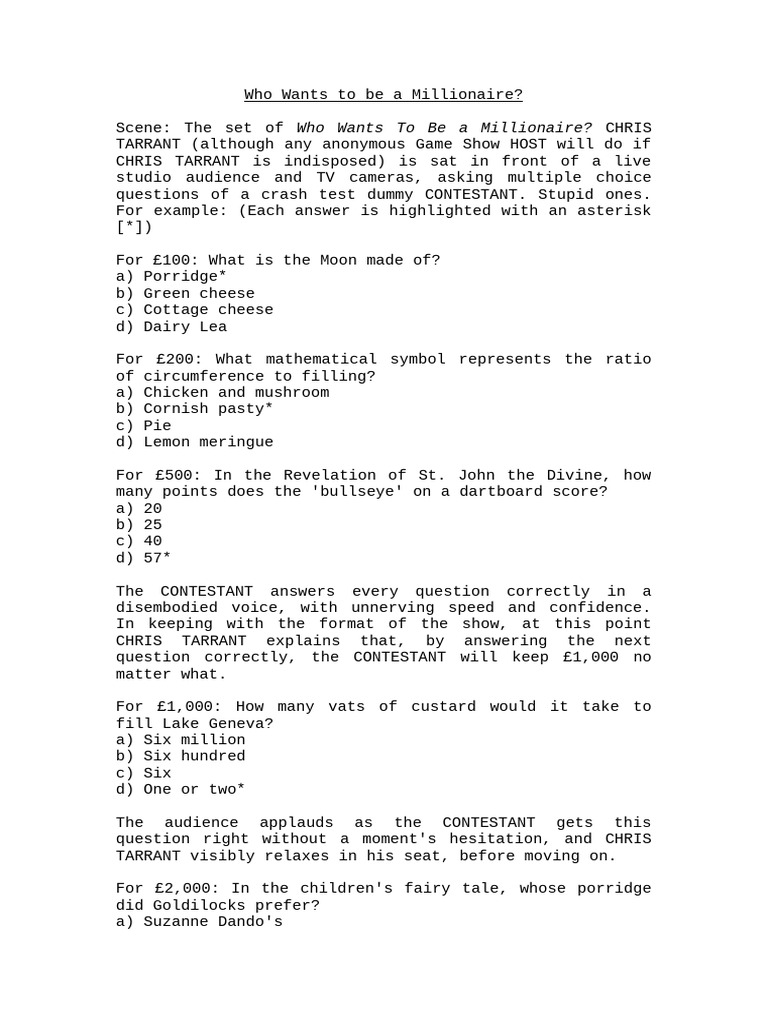 Millionaire Game Show Sketch Transcript | PDF