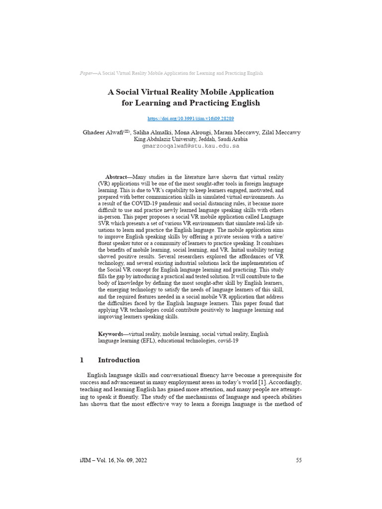 A Social Virtual Reality Mobile Applicat | PDF | Virtual Reality | Learning