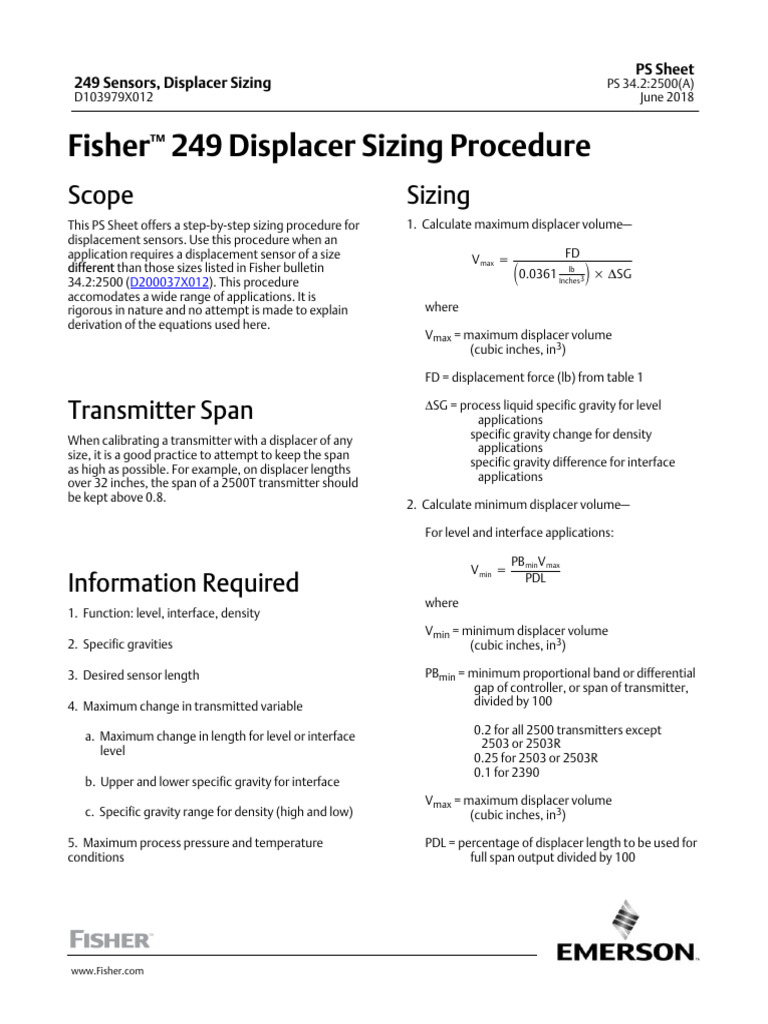 Fisher 249 Displacer Sizing Guide | PDF | Volume | Density