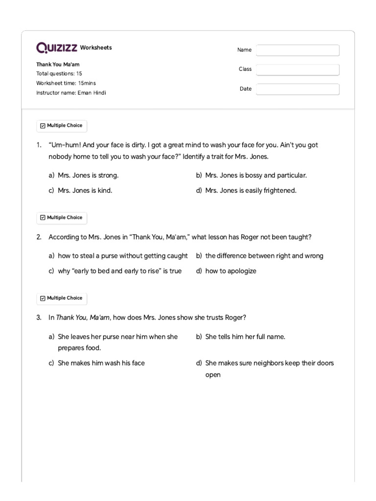 Thank You Ma'am Worksheet Answers | PDF