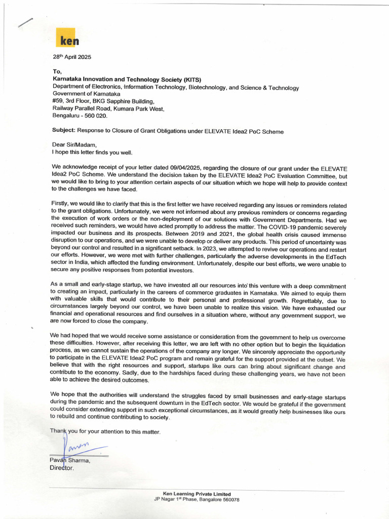 Ken Learning Private Limited - Response to letter | PDF | Startup ...