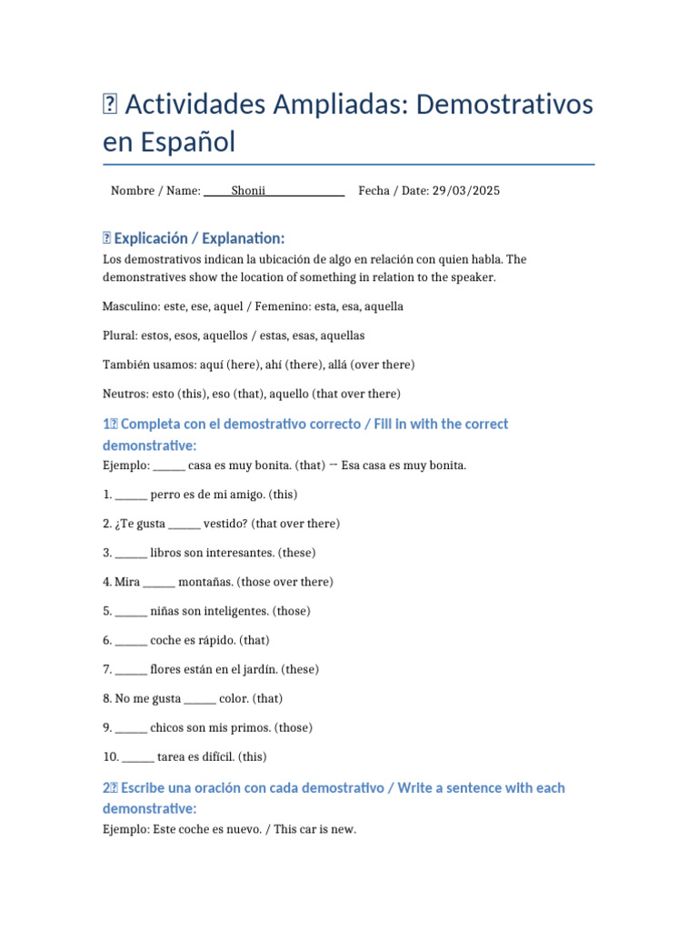 Actividades sobre Demostrativos en Español | PDF
