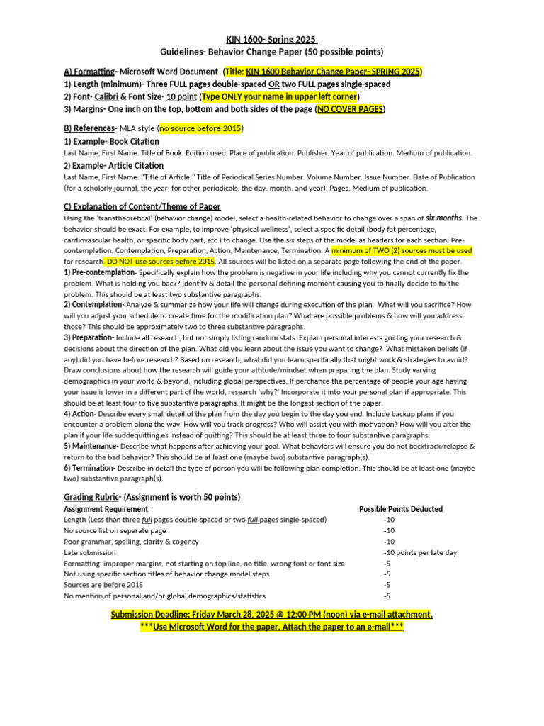 KIN 1600 Behavior Change Paper Guide | PDF | Citation | Books