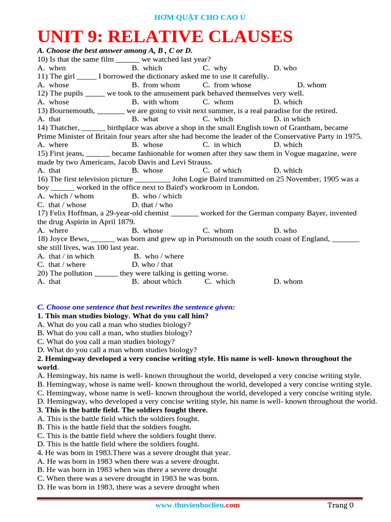 Relative Clauses Practice Exercises | PDF | Syntax | Grammar