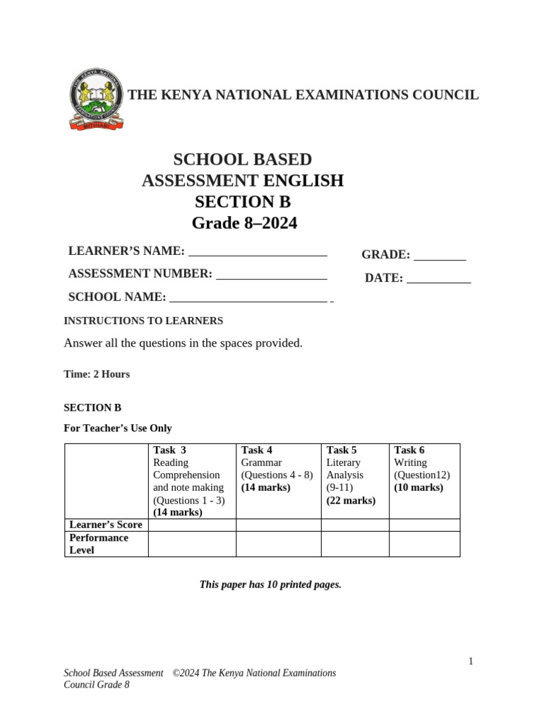 Grade 8 School-Based Assessment 2024 | PDF