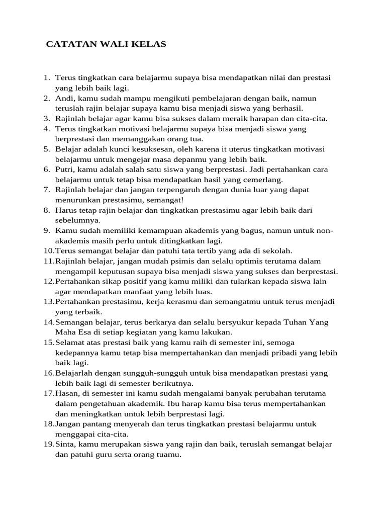Catatan Wali Kelas | PDF