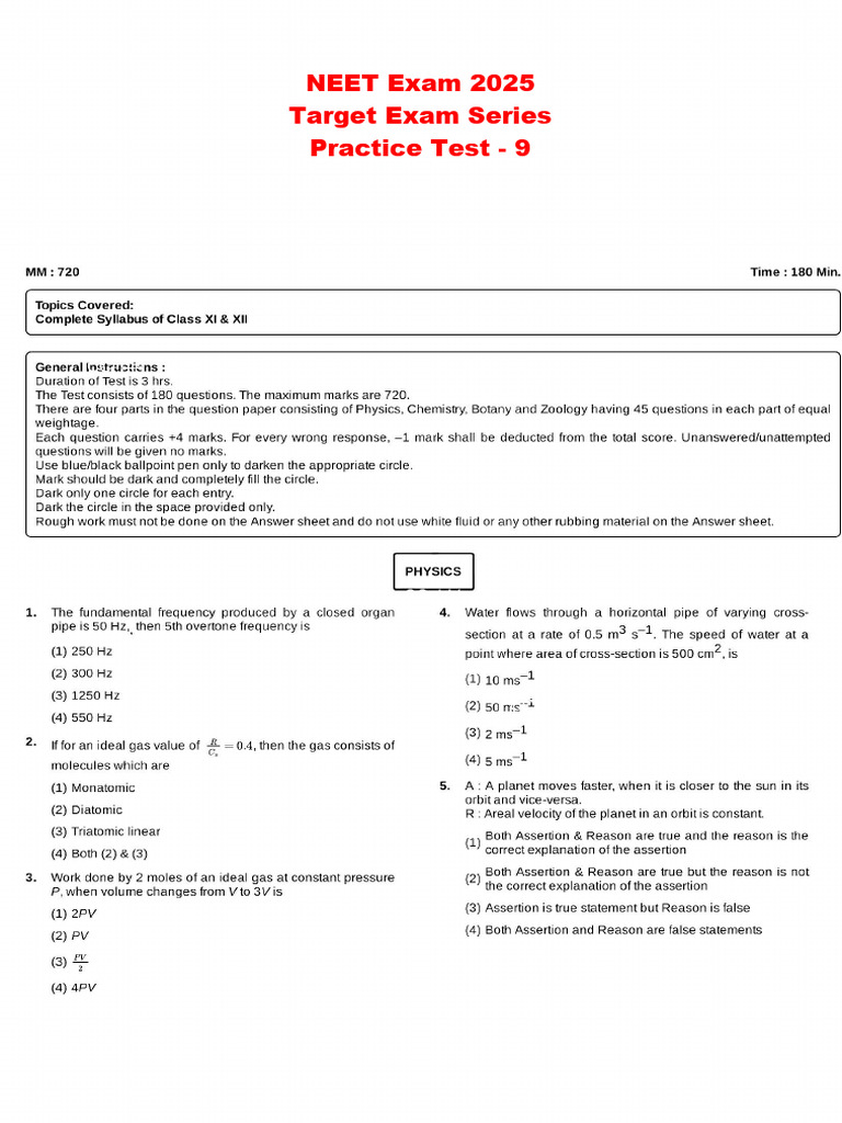 NEET Exam 2025 Target Exam Series Practice Test - 9 | PDF