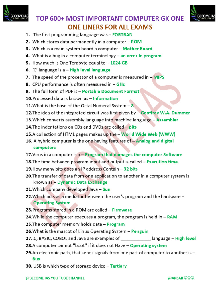 600+ Computer Gk in English BECOME IAS | PDF | Computer Data Storage ...