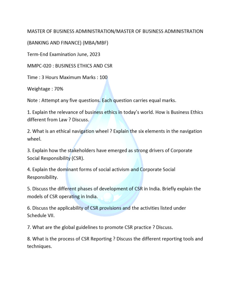 Business Ethics and CSR Exam Guide | PDF | Corporate Social ...