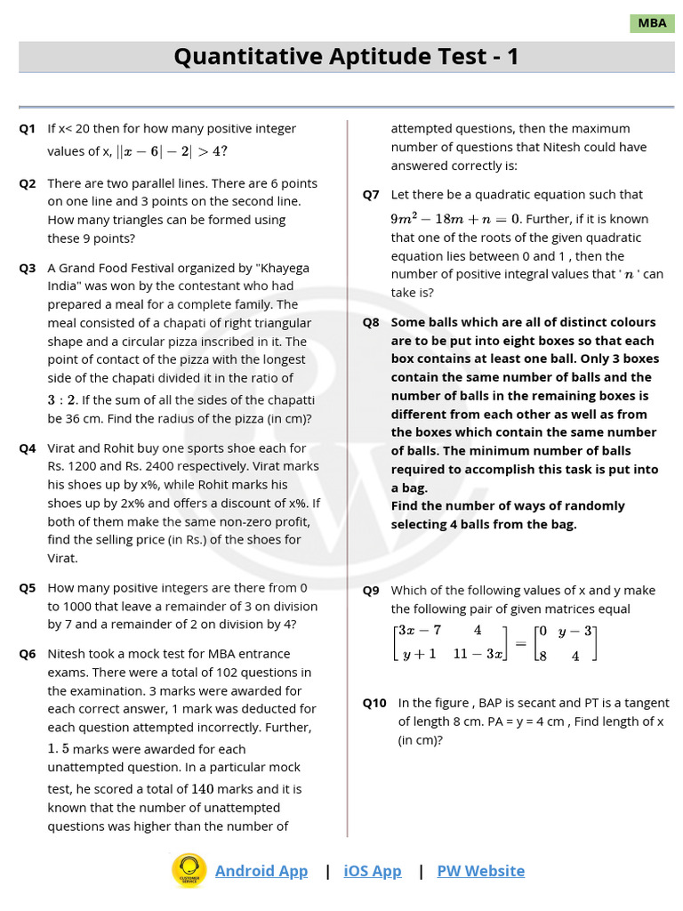 MBA Quantitative Aptitude Test 1 | PDF | Mathematics | Elementary ...