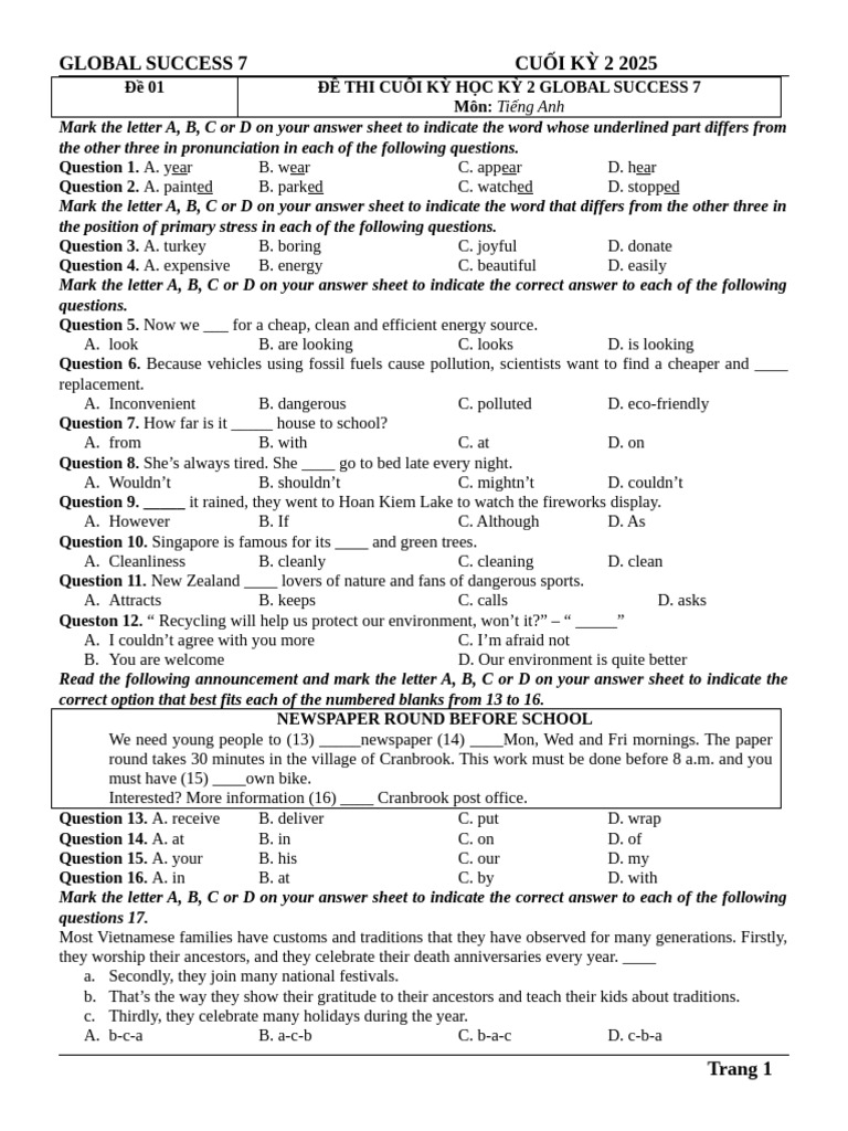 BỘ 5 ĐỀ THI CK 2 GS 7 | PDF | Bus