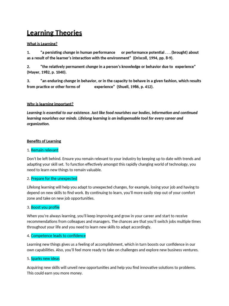 Understanding Learning Theories and Benefits | PDF | Learning ...