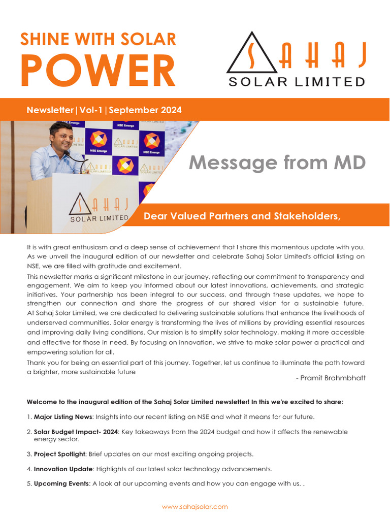 Sahaj Solar's Inaugural Newsletter | PDF | Renewable Energy | Solar Power