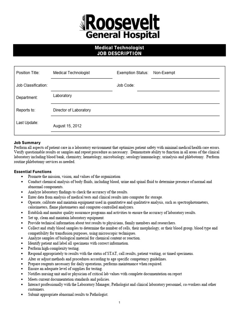 Medical Technologist Job Description | PDF | Medical Laboratory ...