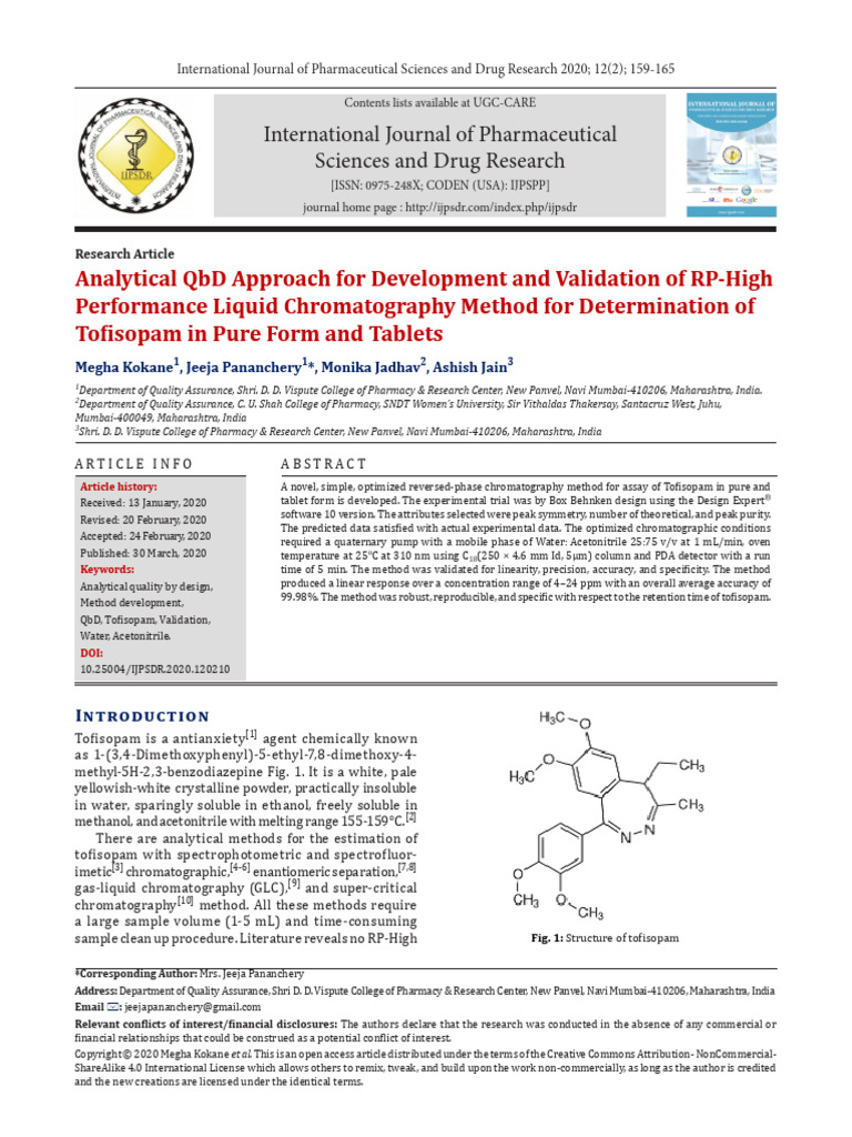 QbD HPLC Method for Tofisopam Analysis | PDF | High Performance Liquid ...