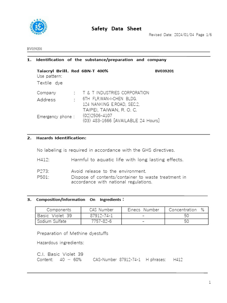 Taiacryl Brill. Red 6BN-T 400 - SDS | PDF | Firefighting | Water