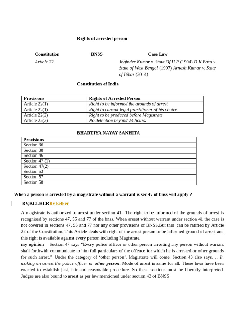 Rights of Arrested Persons under BNSS | PDF | Arrest | Bail