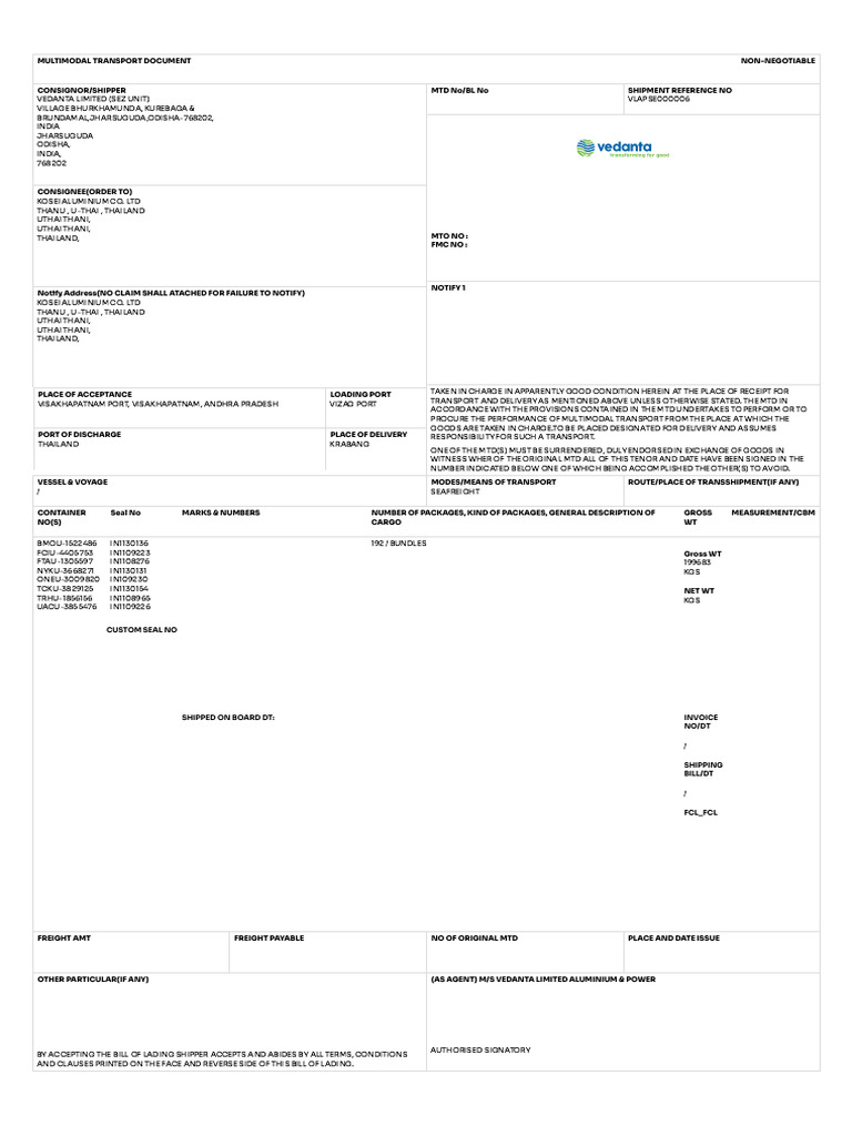 Multimodal Transport Document Example | PDF | Cargo | Bill Of Lading