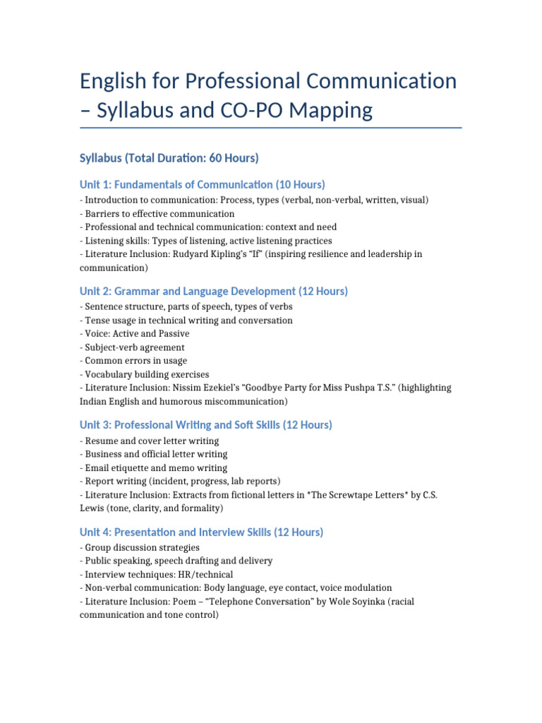 Professional Communication Course Syllabus Pdf