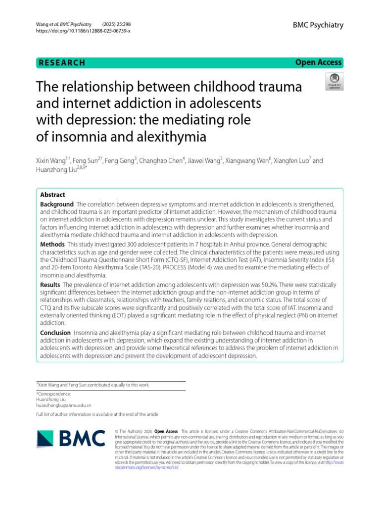 Childhood Trauma and Internet Addiction in Adolescents | PDF | Major ...