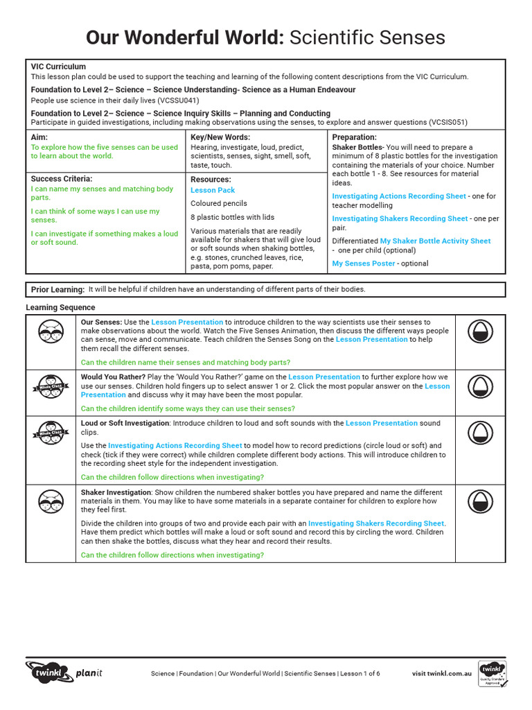 Lesson Plan Scientific Senses VIC Curriculum | PDF | Science | Senses