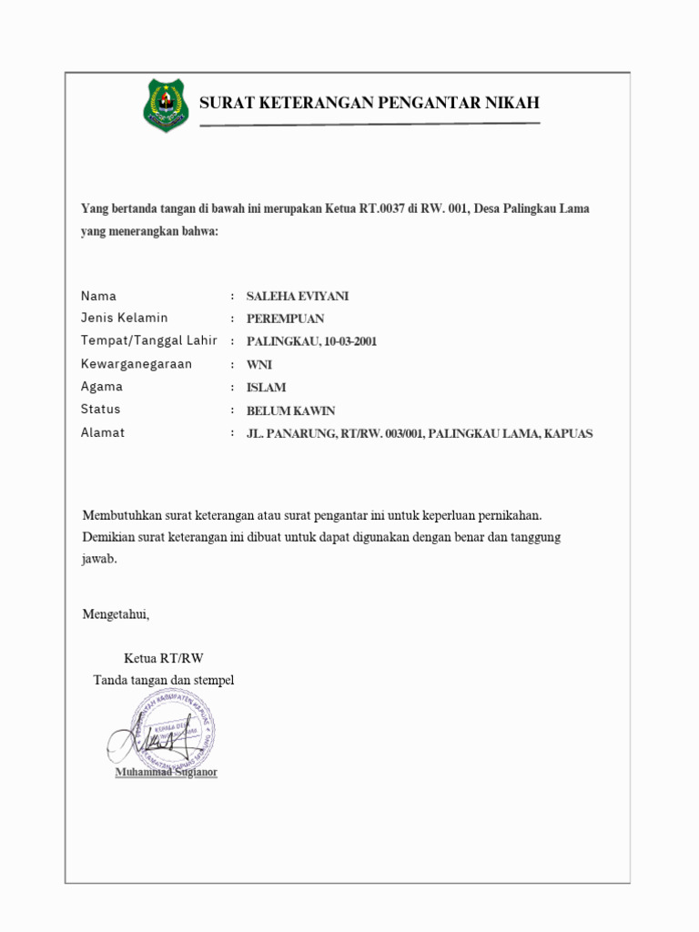 Surat Pengantar Nikah RT 0037 PDF