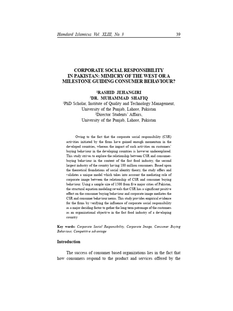 CSR's Impact on Consumer Behavior in Pakistan | PDF | Corporate Social ...
