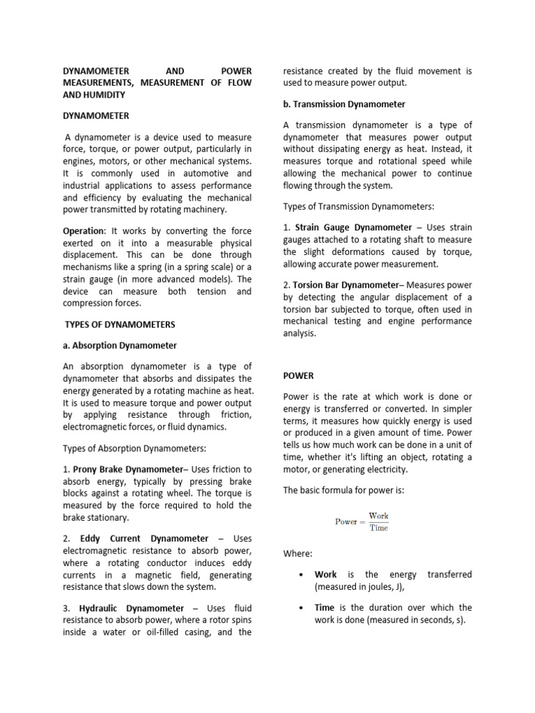 Dynamometer and Power Measurement Guide | PDF | Power (Physics ...