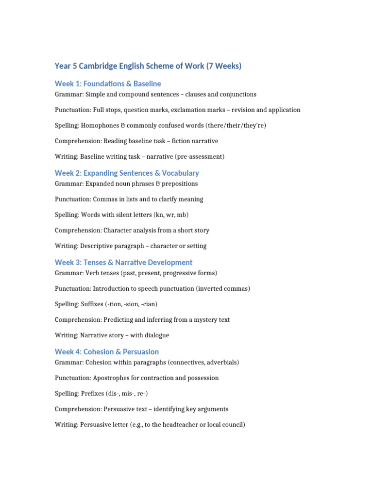 Year 5 Cambridge English Scheme of Work | PDF