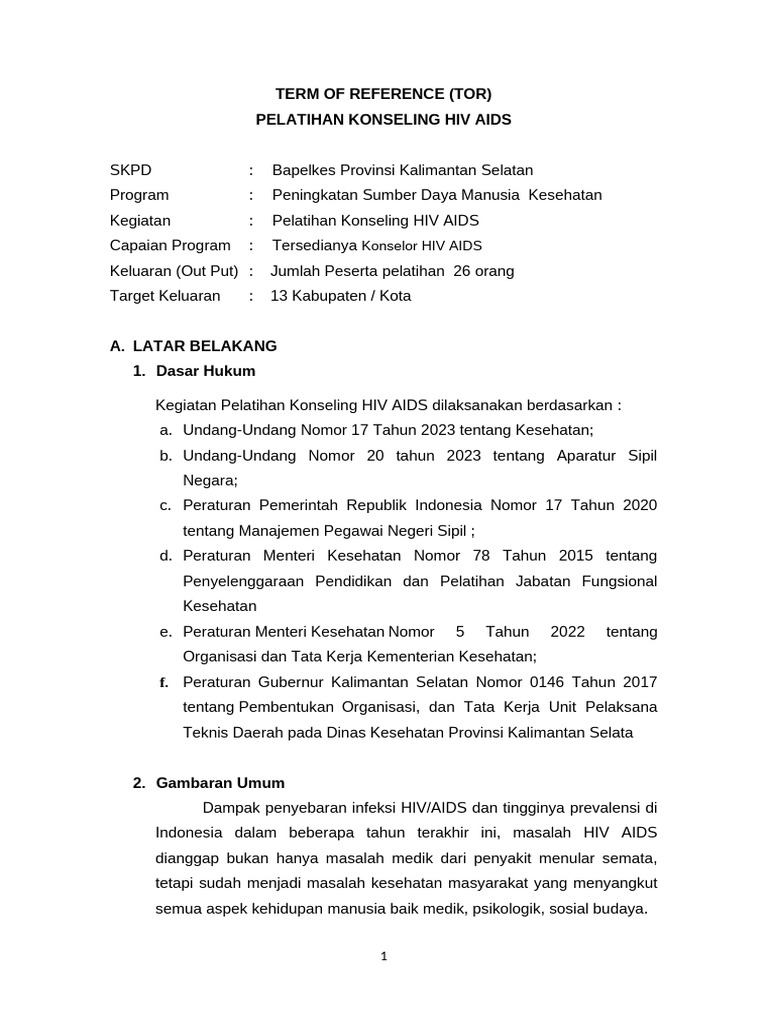 KAK Pelatihan Konseling HIV AIDS | PDF