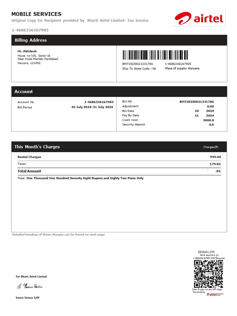 Airtel Mobile Services Tax Invoice | PDF | Services (Economics ...