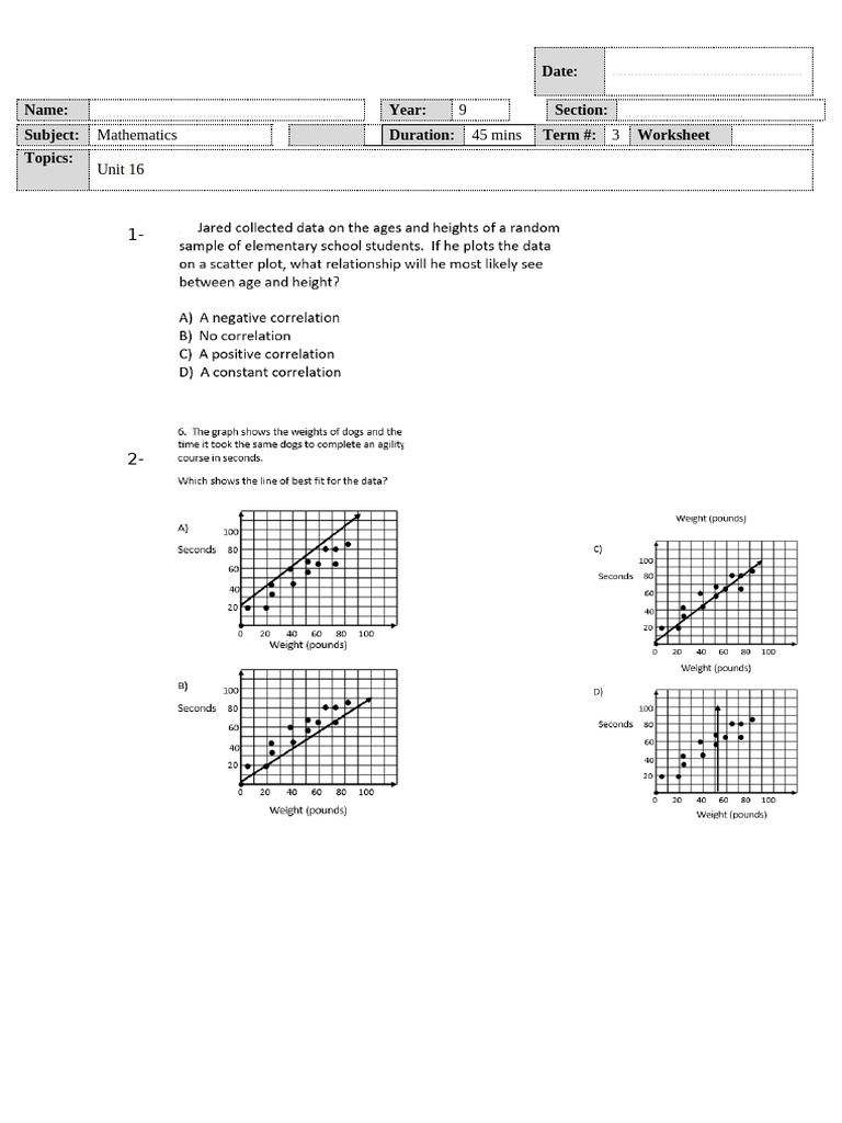 Math Worksheet: Data Correlation Analysis | PDF
