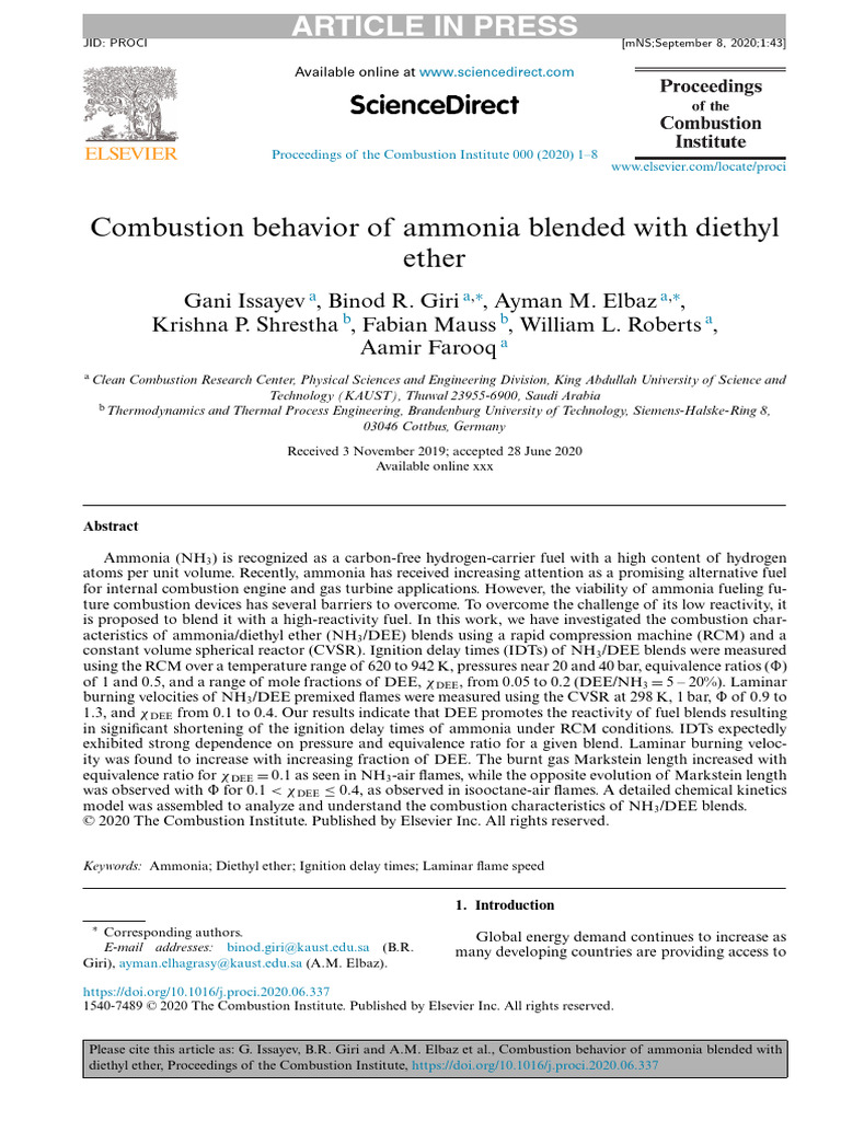 Ammonia and Diethyl Ether Combustion Study | PDF | Ammonia | Combustion