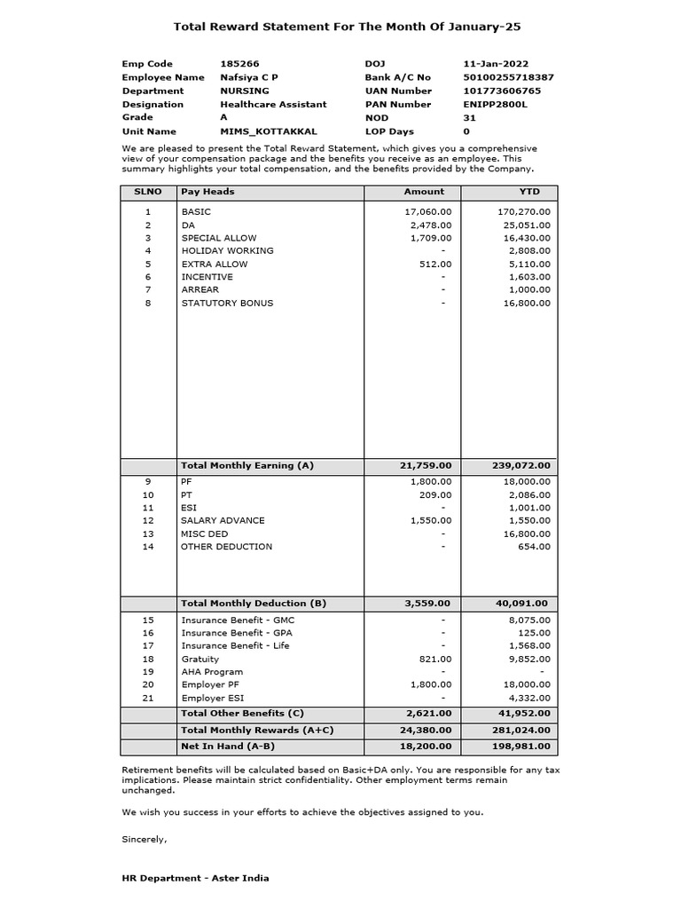 Total Reward Statement January 2025 | PDF | Payments | Employee Relations