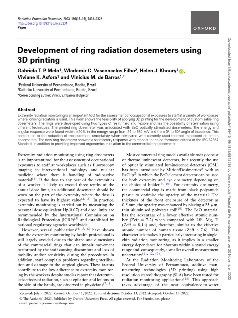 3D-Printed Ring Dosemeters for Radiation | PDF | Dosimetry | Radiation ...