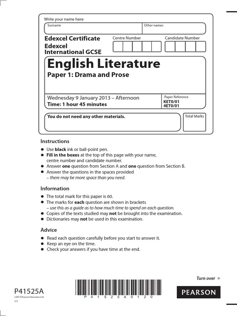 January 2013 QP - Paper 1 Edexcel English Literature IGCSE | PDF