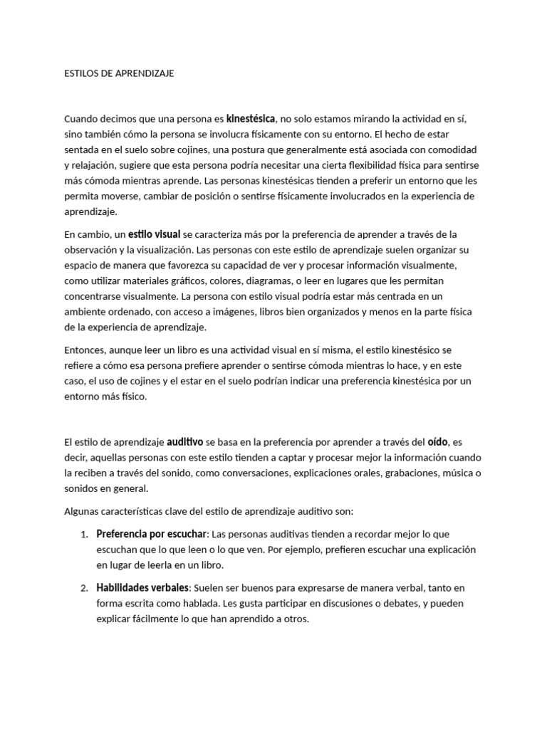 Estilos de Aprendizaje: Visual y Kinestésico | PDF | Aprendizaje ...