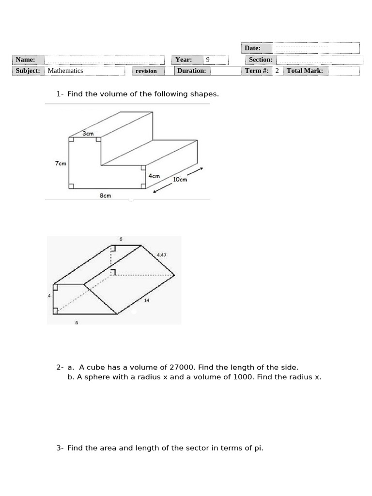 Mathematics Revision: Volume & Area Problems | PDF