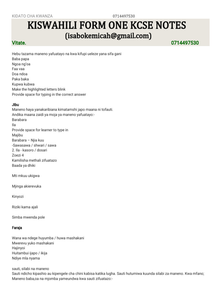 Kiswahili Form 1 Kcse Notes | PDF
