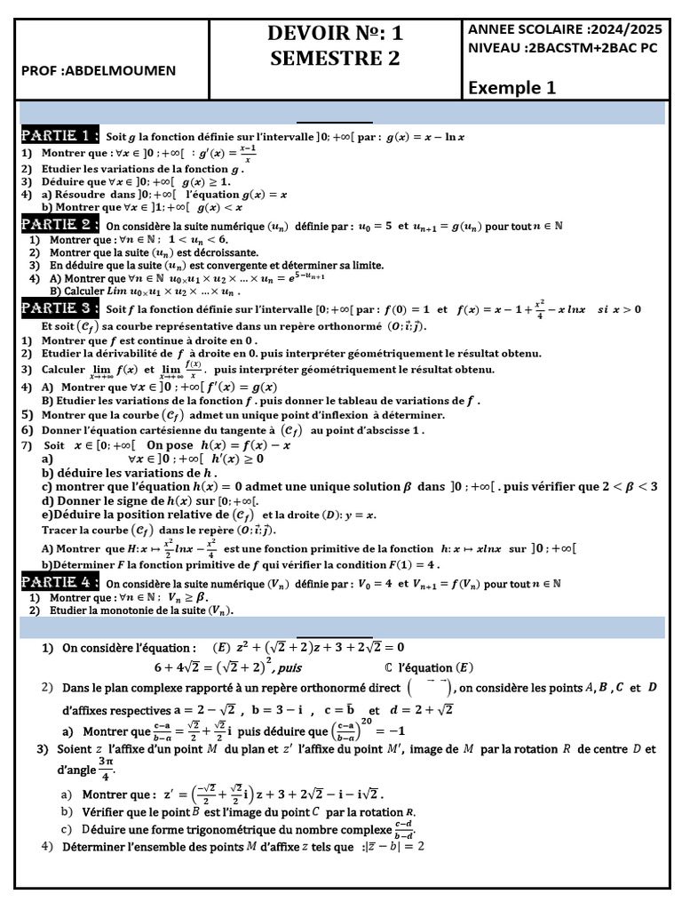 Devoir de mathématiques 2BAC STM/PC | PDF | Courbe | Fonction ...