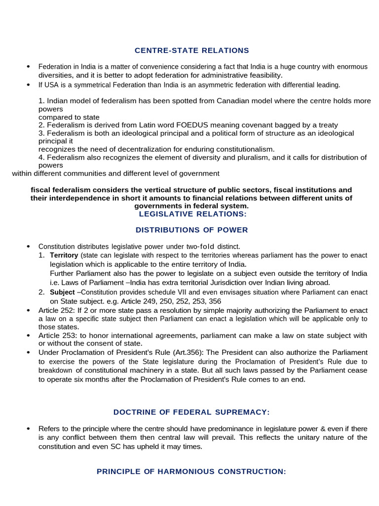 Centre-State Relations in Indian Federalism | PDF | Government | Governance
