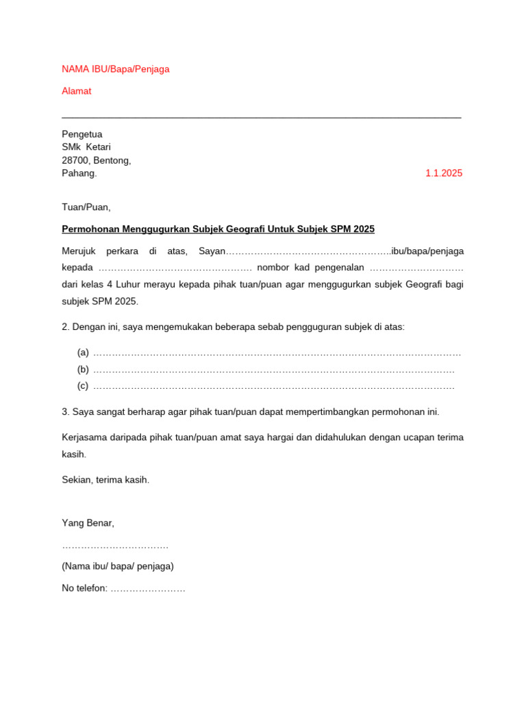 Surat Drop Subjek | PDF