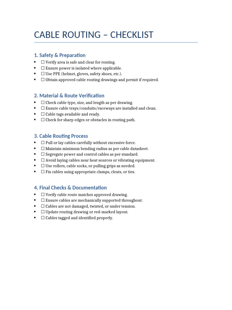 Cable Routing - Checklist: 1. Safety & Preparation | PDF