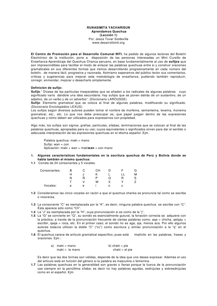 Leccion1 Quechua | PDF | Artes del Lenguaje y Comunicación