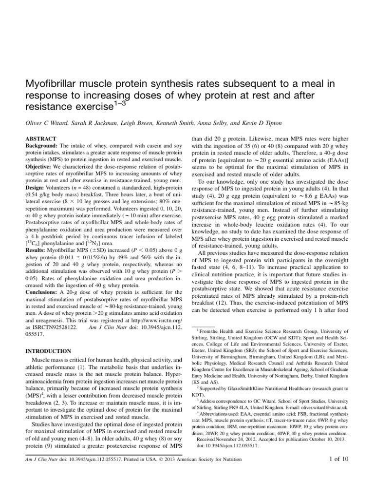 Whey Protein Dose Effects on Muscle Synthesis | PDF | Dieting ...