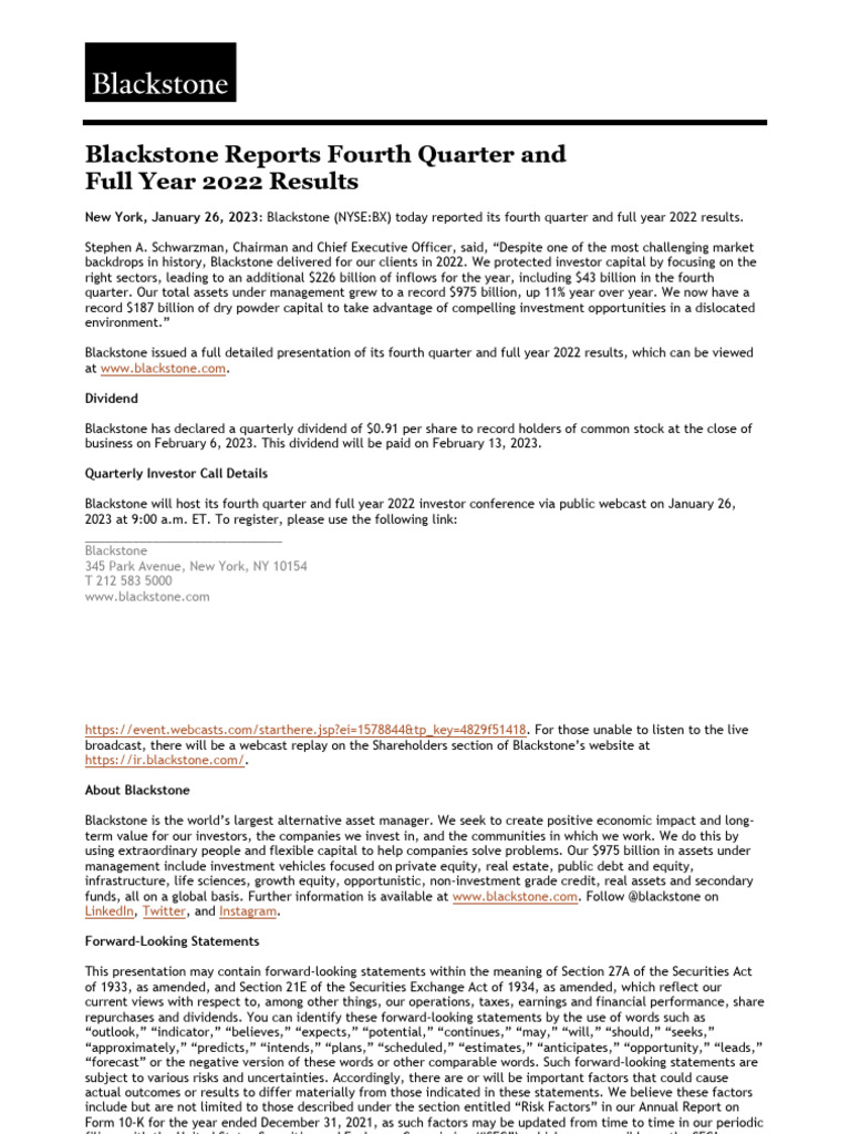 Blackstone Q4 2022 Earnings Report | PDF | Income | Dividend