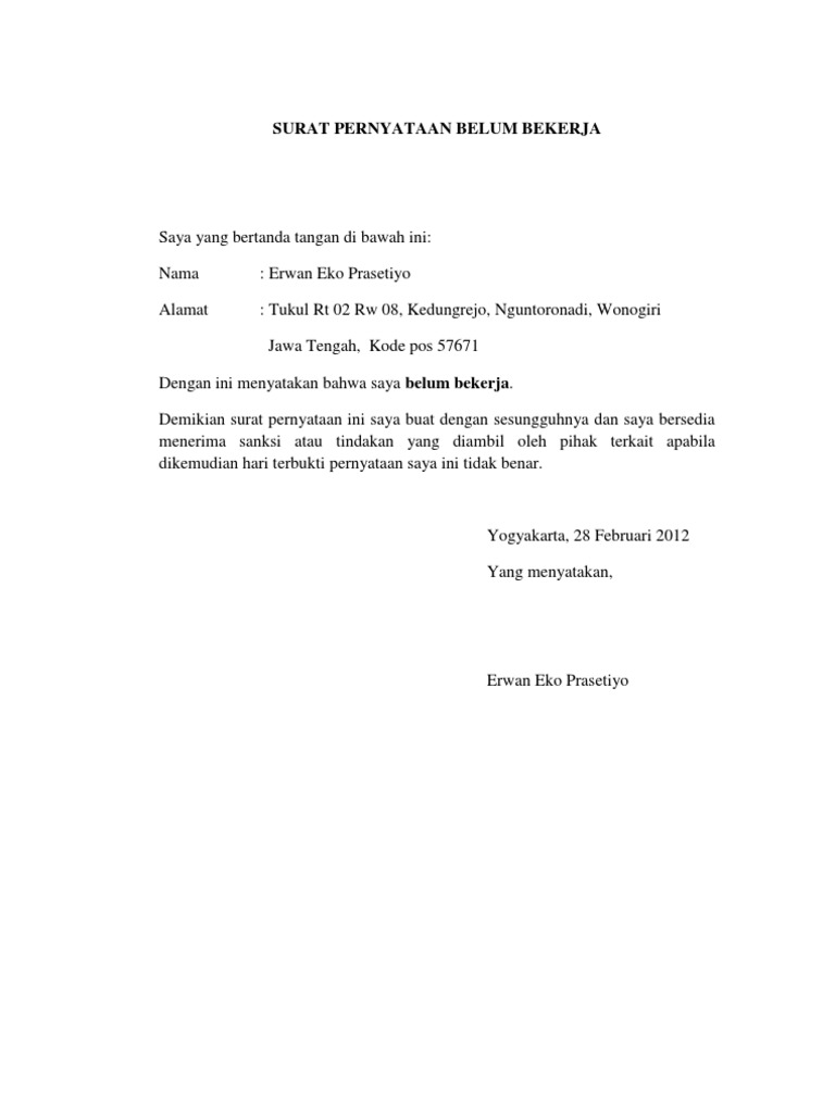 Surat Pernyataan Belum Bekerja