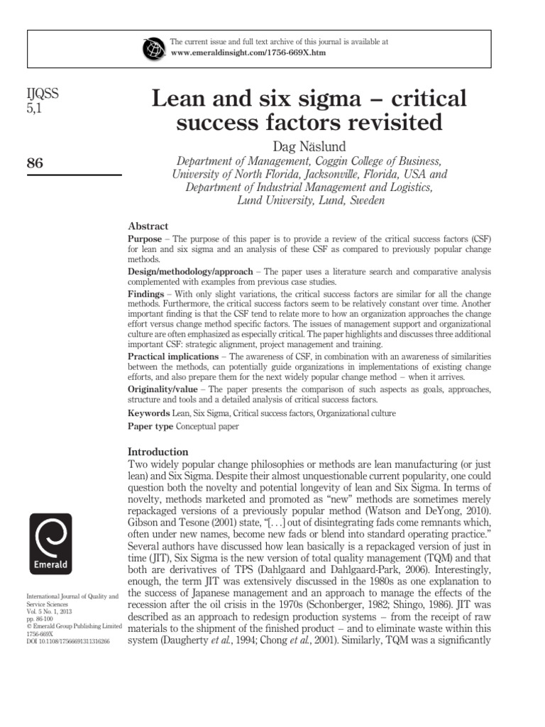 Lean and Six Sigma - Critical Success Factors Revisited: Ijqss 5,1 ...