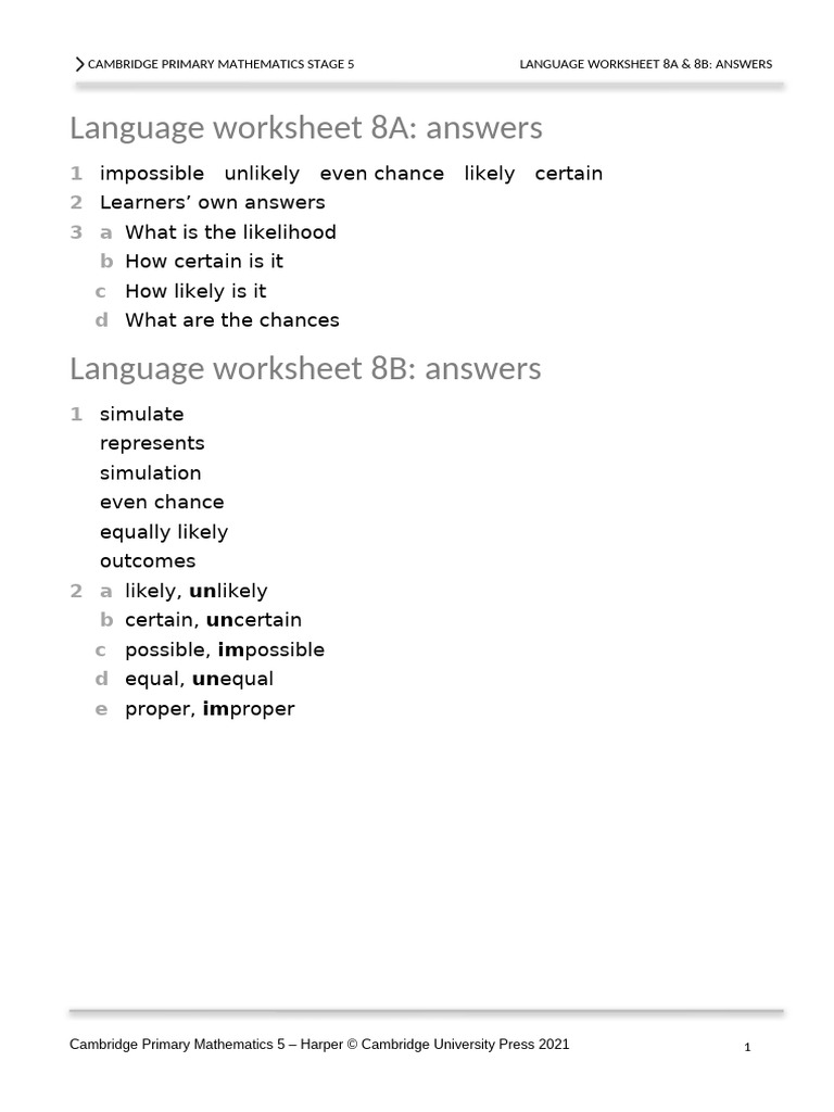 Language Worksheet 8A Answers | PDF